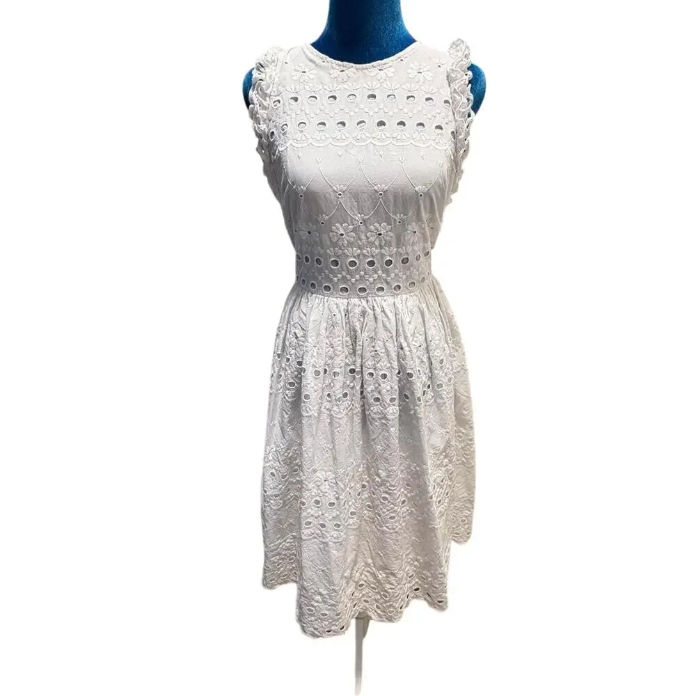 Kate Spade White Cotton Eyelet Ruffled Dress Boho Cottage Fairy Sleeveless 4
